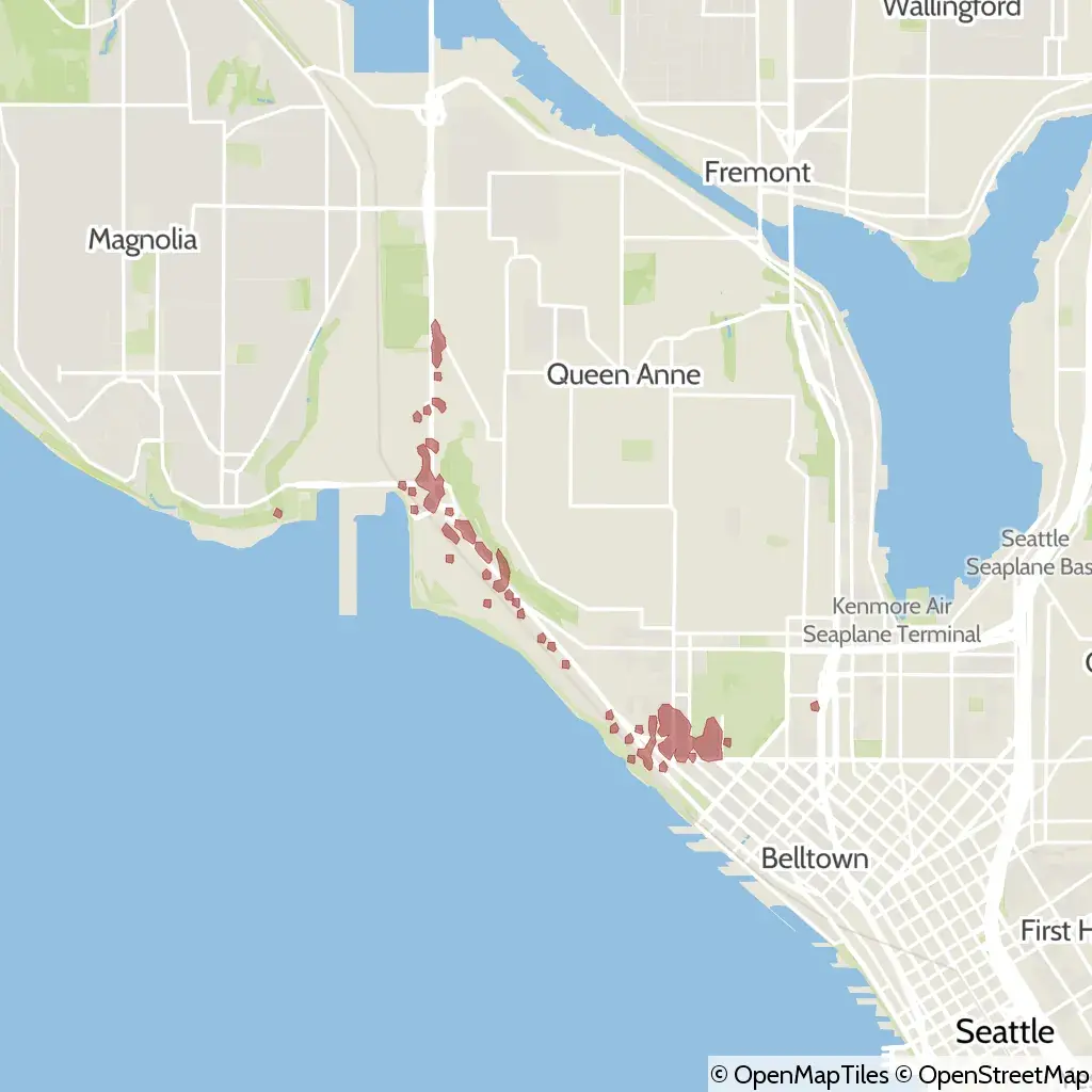 A map showing the location of the outage, centered around West Mercer Place in the Belltown area.
