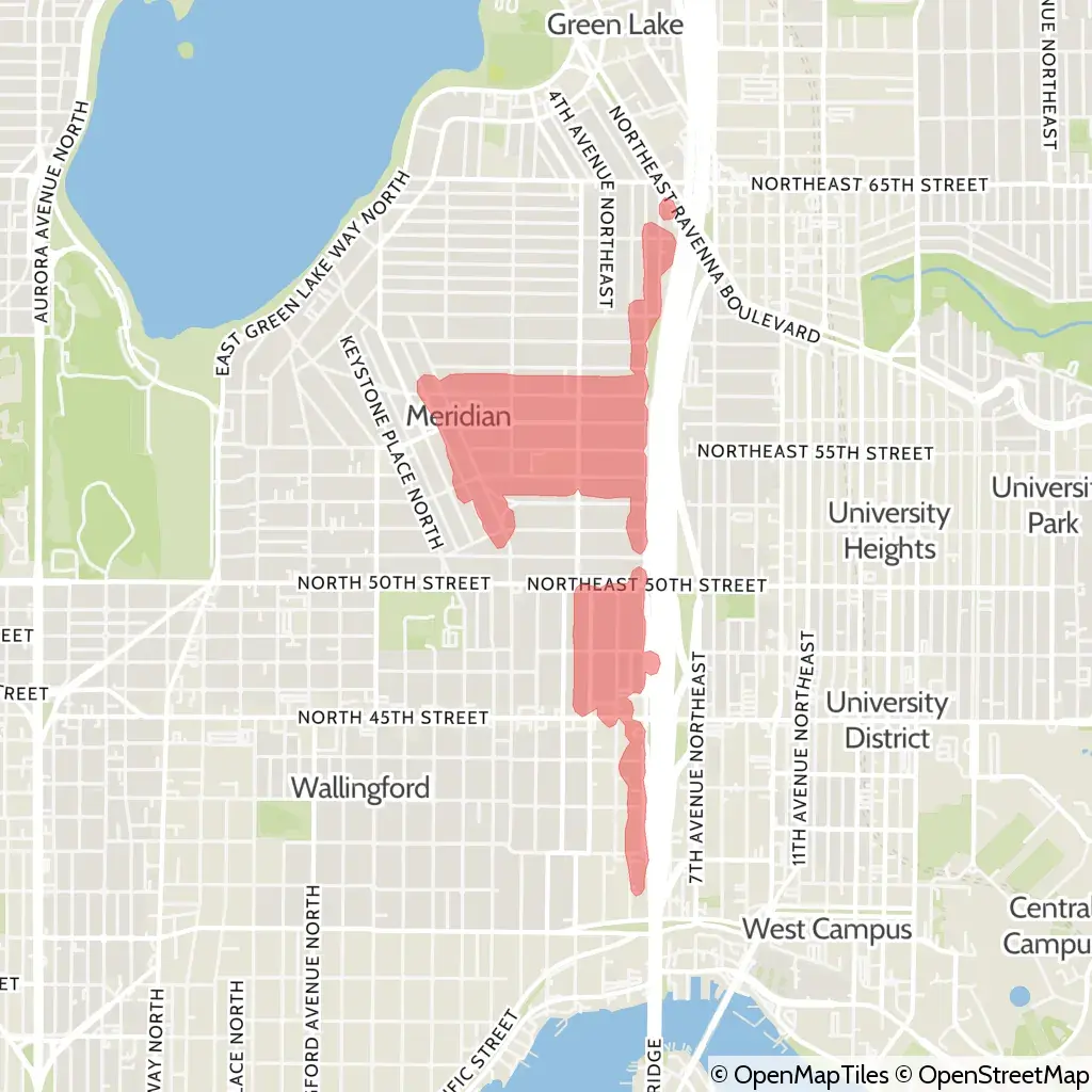 A map showing the location of the outage, centered around Northeast 53rd Street in the Meridian area.