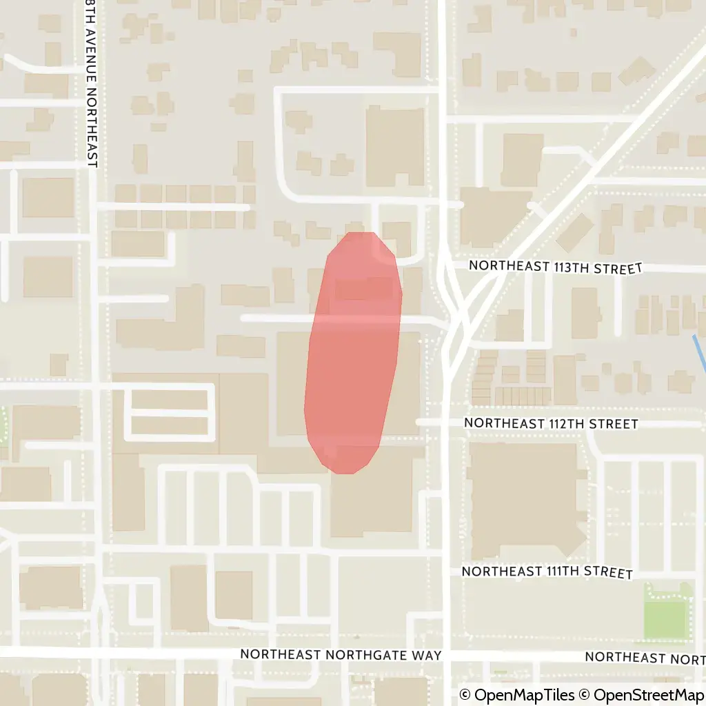 A map showing the location of the outage, centered around Roosevelt Way Northeast in the Northgate area.