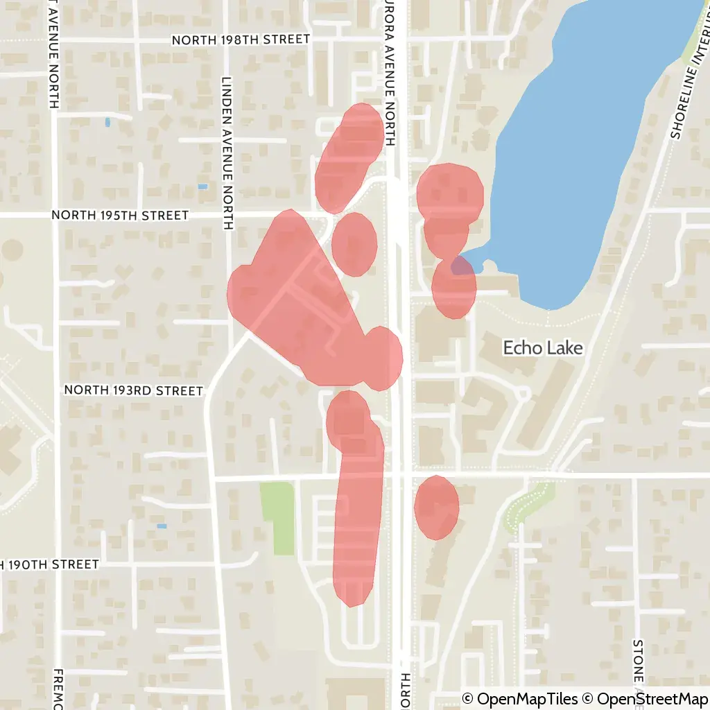 A map showing the location of the outage, centered around Aurora Avenue North in the Hillwood area of Shoreline.