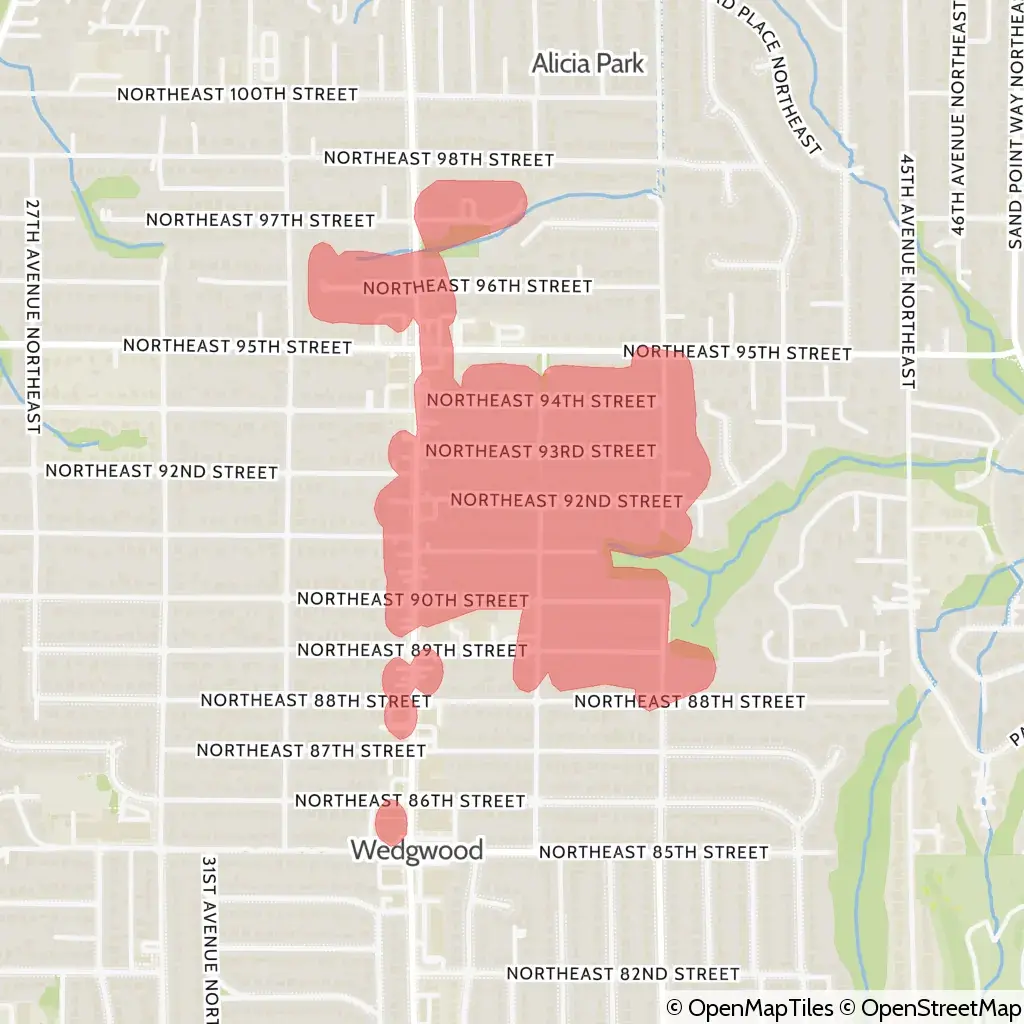 A map showing the location of the outage, centered around Northeast 92nd Street in the Wedgwood area.