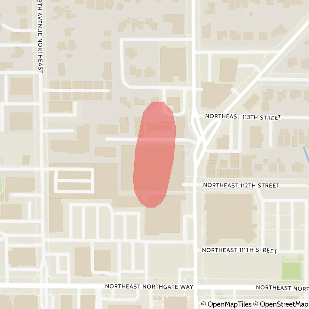 A map showing the location of the outage, centered around Roosevelt Way Northeast in the Northgate area.