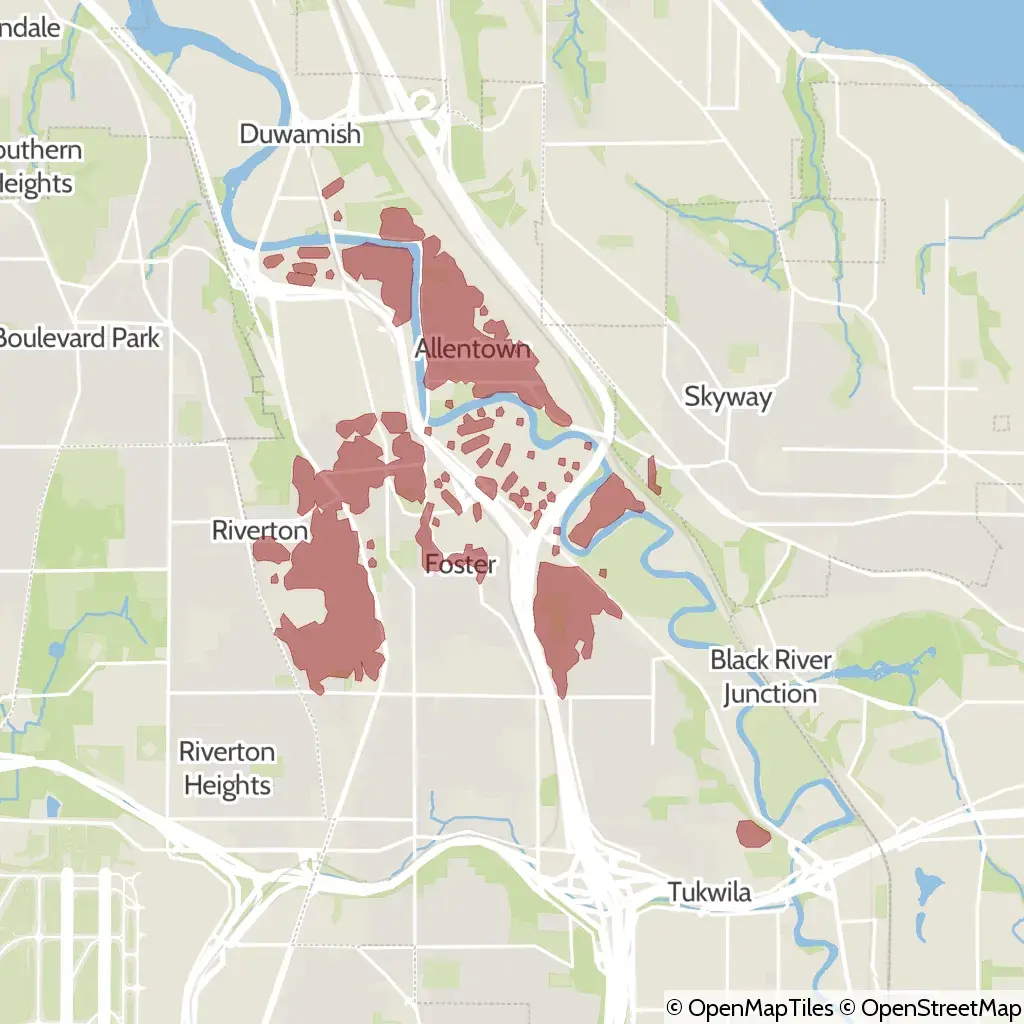 A map showing the location of the outage, centered around 42nd Avenue South in the Foster area of Tukwila.