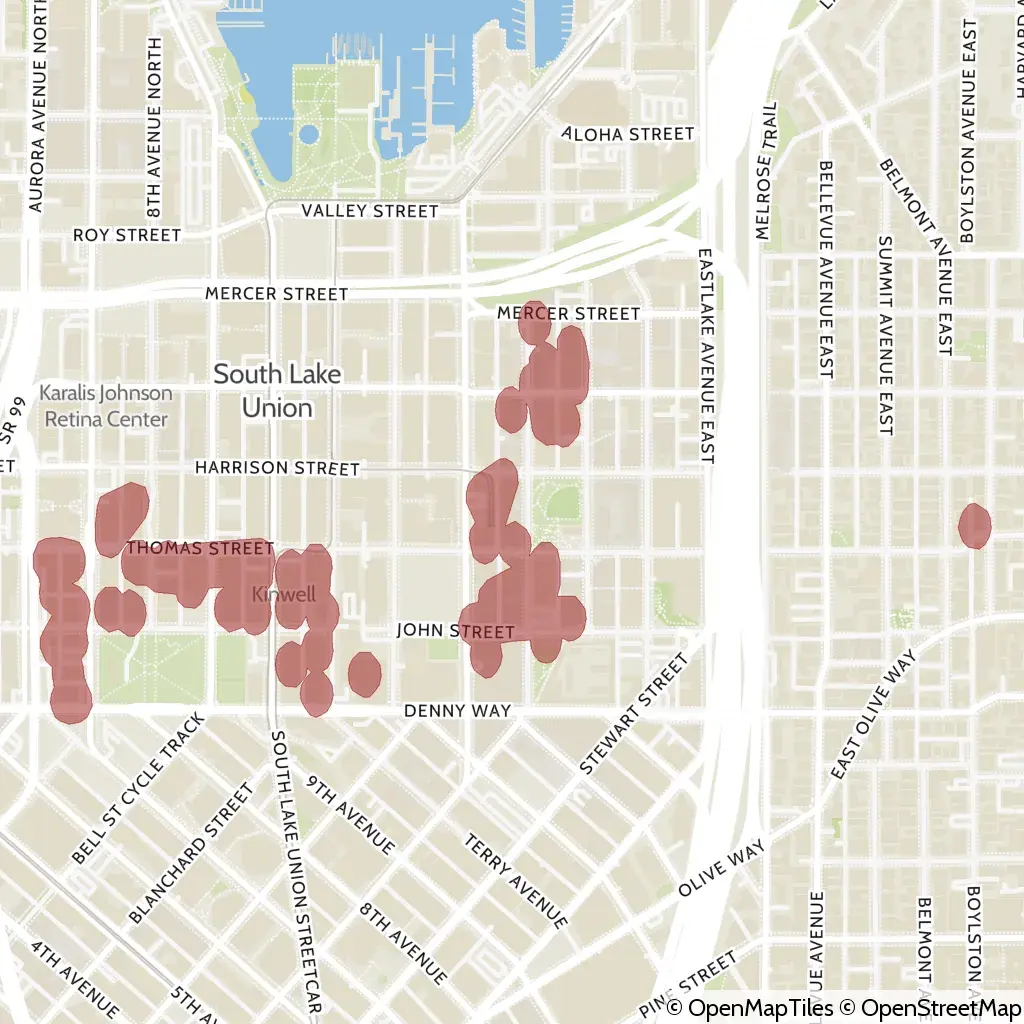 A map showing the location of the outage, centered around Thomas Street in the Belltown area.