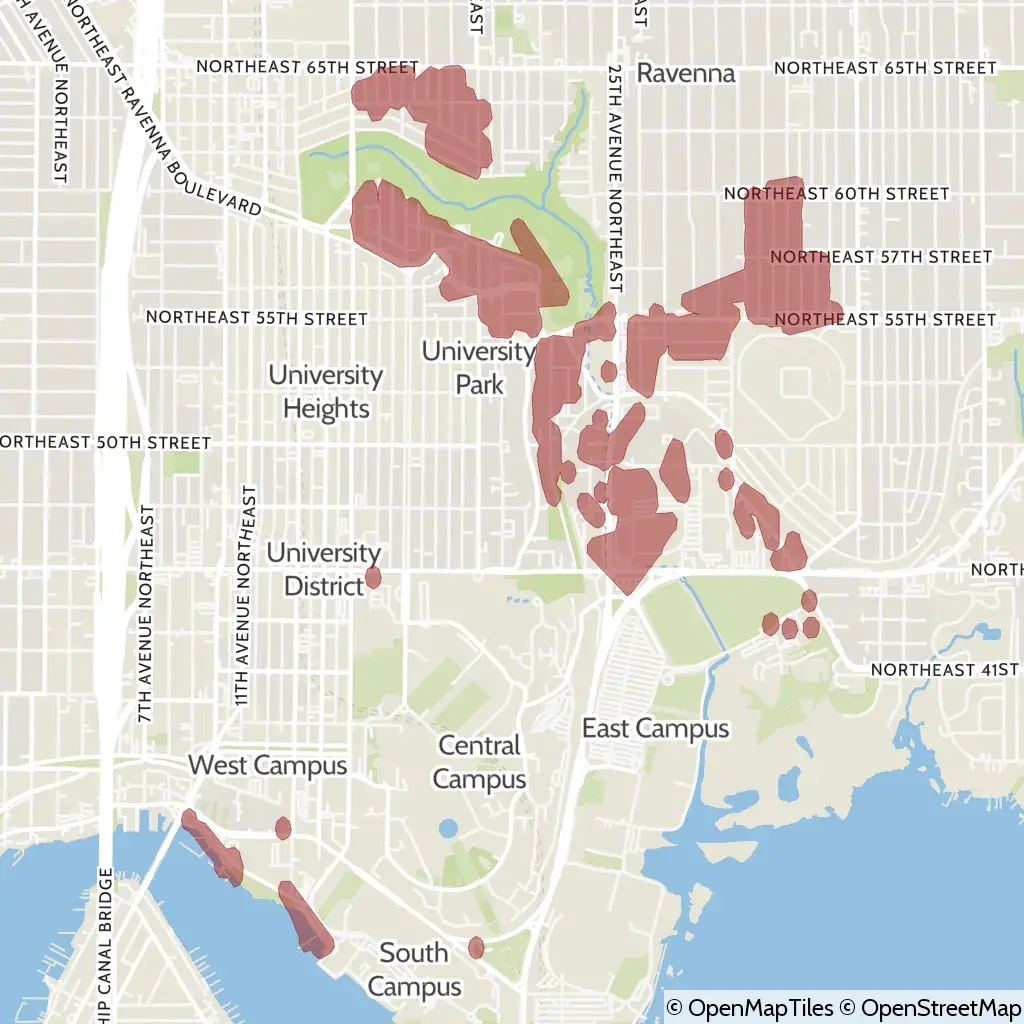 A map showing the location of the outage, centered around Ravenna Place Northeast in the University District area.