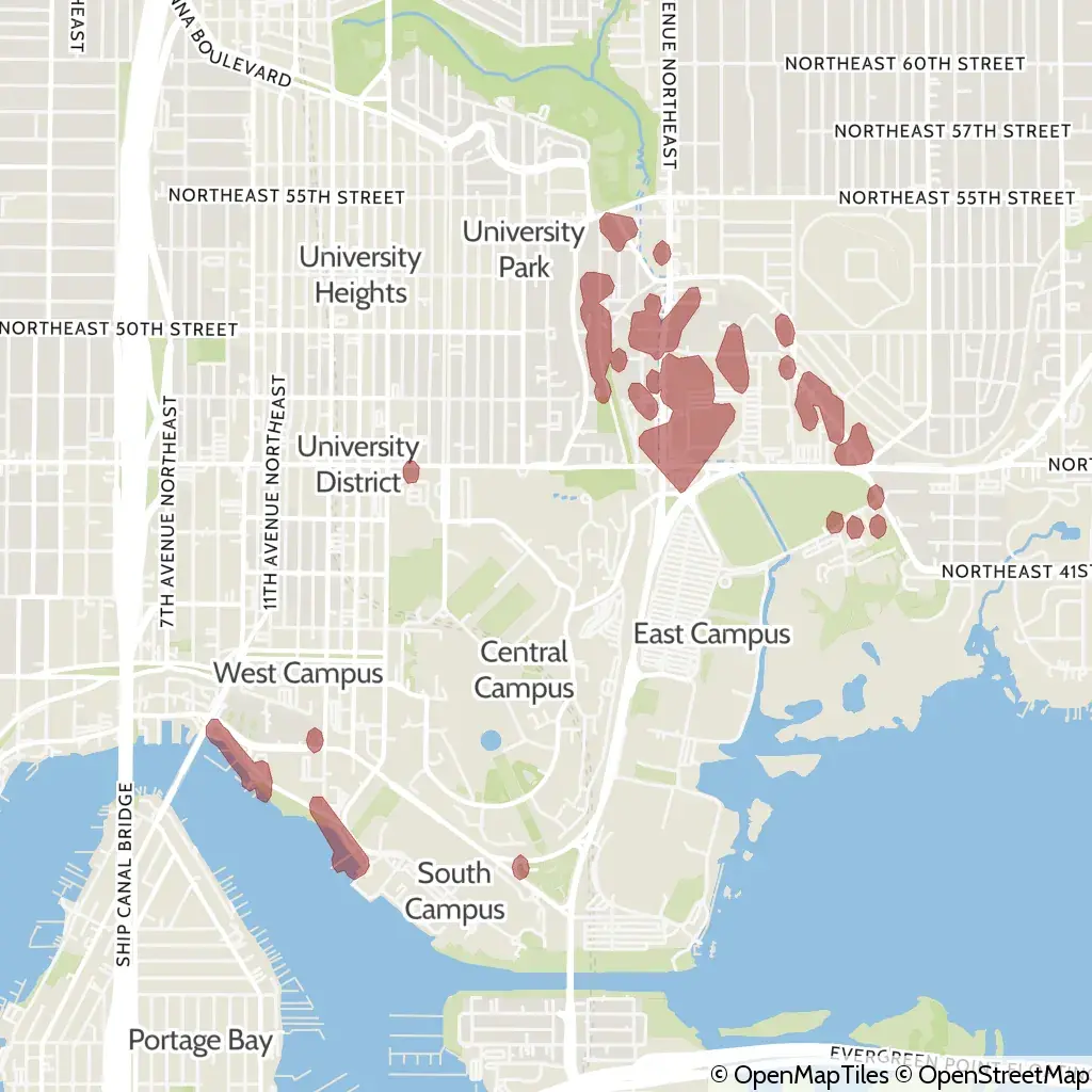 A map showing the location of the outage, centered around Burke-Gilman Trail in the University District area.