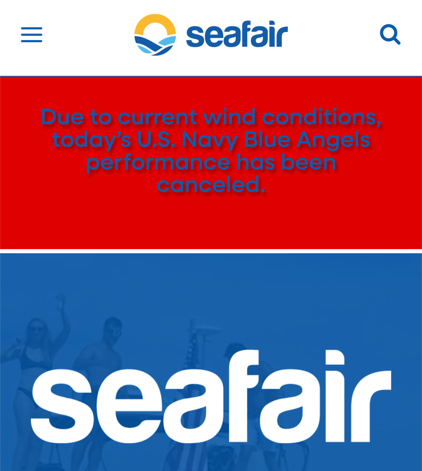 The Seafair website, with a banner that says "Due to current wind conditions, today's U.S. Navy Blue Angels performance has been canceled."