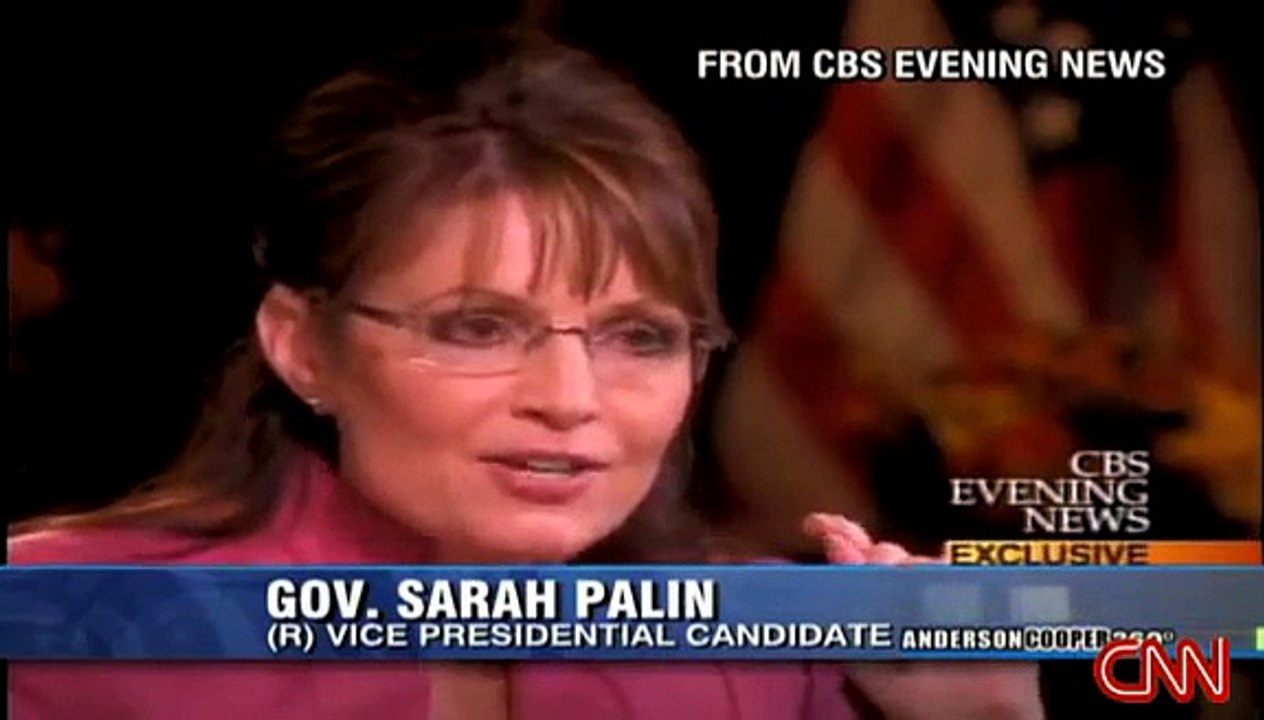 A screenshot of a CNN broadcast of an interview with then-VP candidate Gov. Sarah Palin, the source interview where a misattributed quote ("I can see Russia from my house", actually by Tina Fey on SNL) originated from.