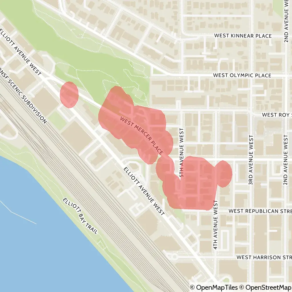 A map showing the location of the outage, centered around West Mercer Place in the Lower Queen Anne area.